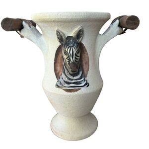 Handmade vintage clay zebra vase made in Philippines 9”